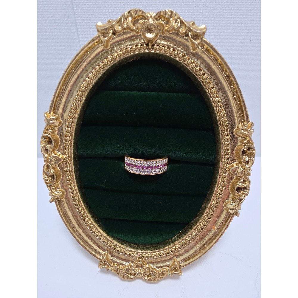Vintage Gold Tone Pink and Clear Rhinestone Wide Band Ring Size 9 - Picture 2 of 8